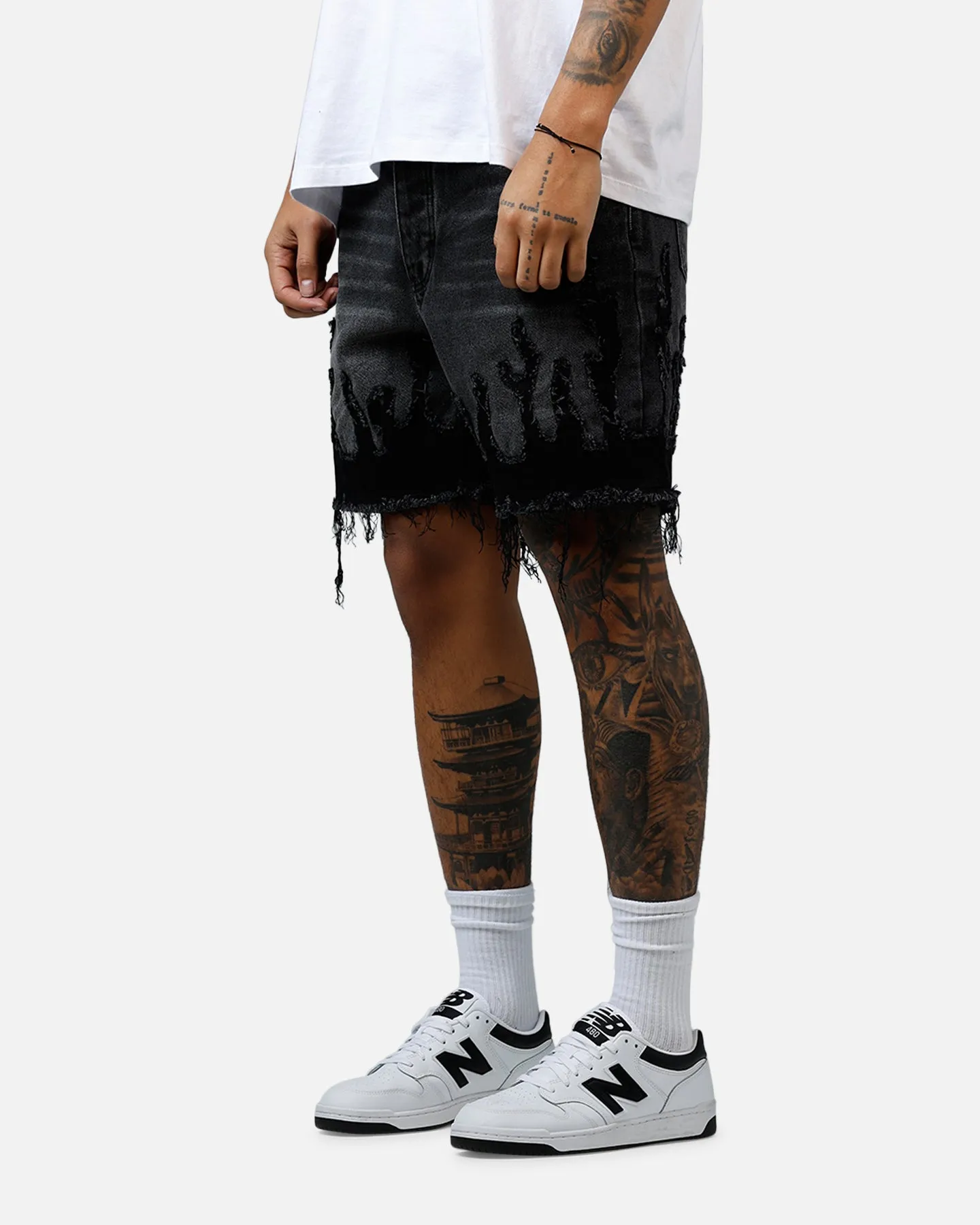 MNML Flame Denim Shorts Washed Black