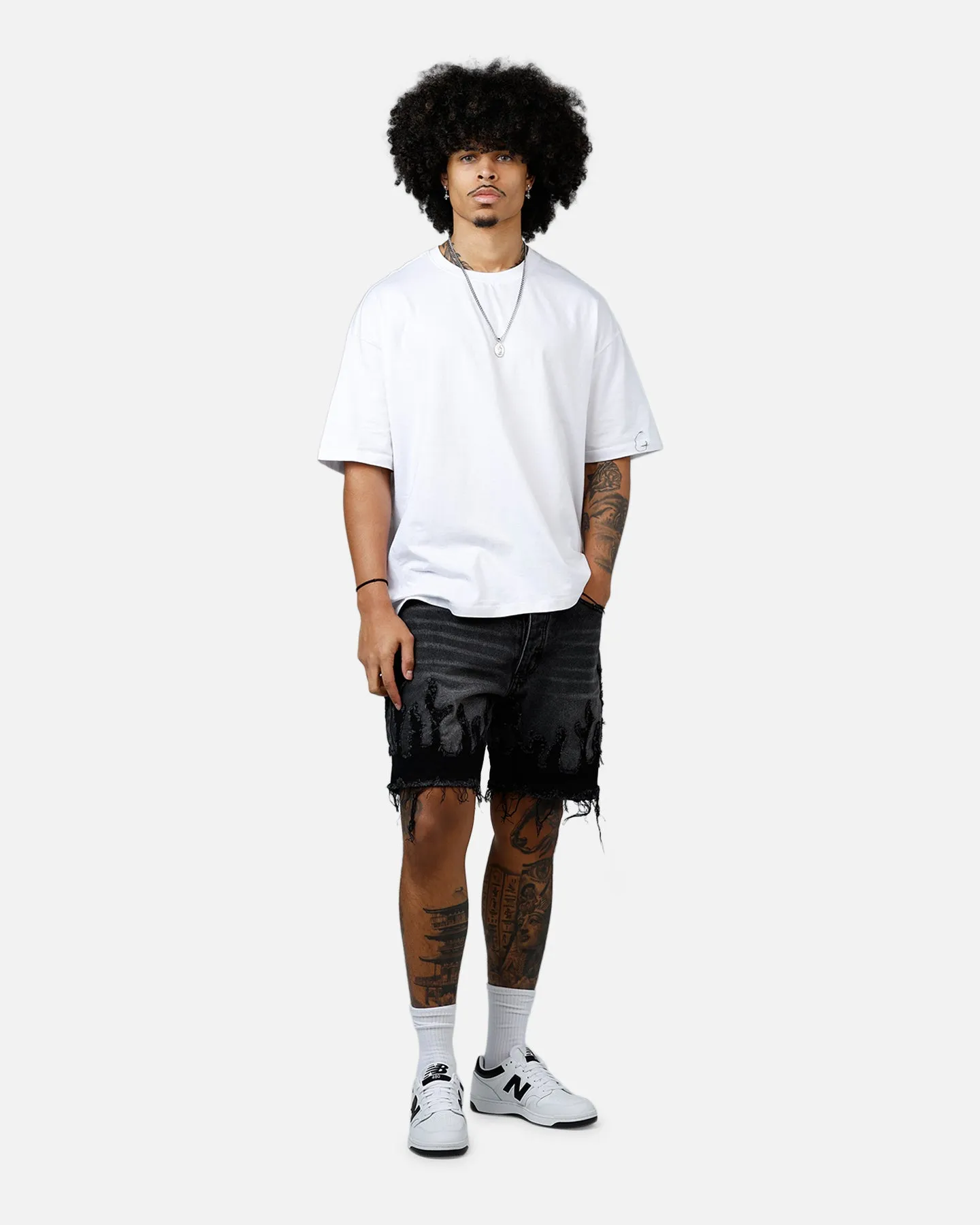 MNML Flame Denim Shorts Washed Black