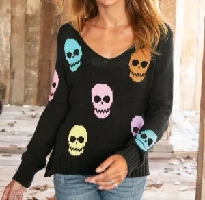 Multiple Skulls V Neck Sweater In Black Multi