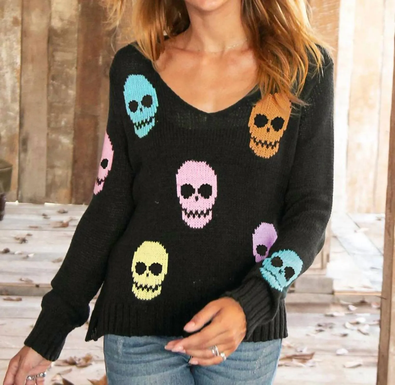 Multiple Skulls V Neck Sweater In Black Multi