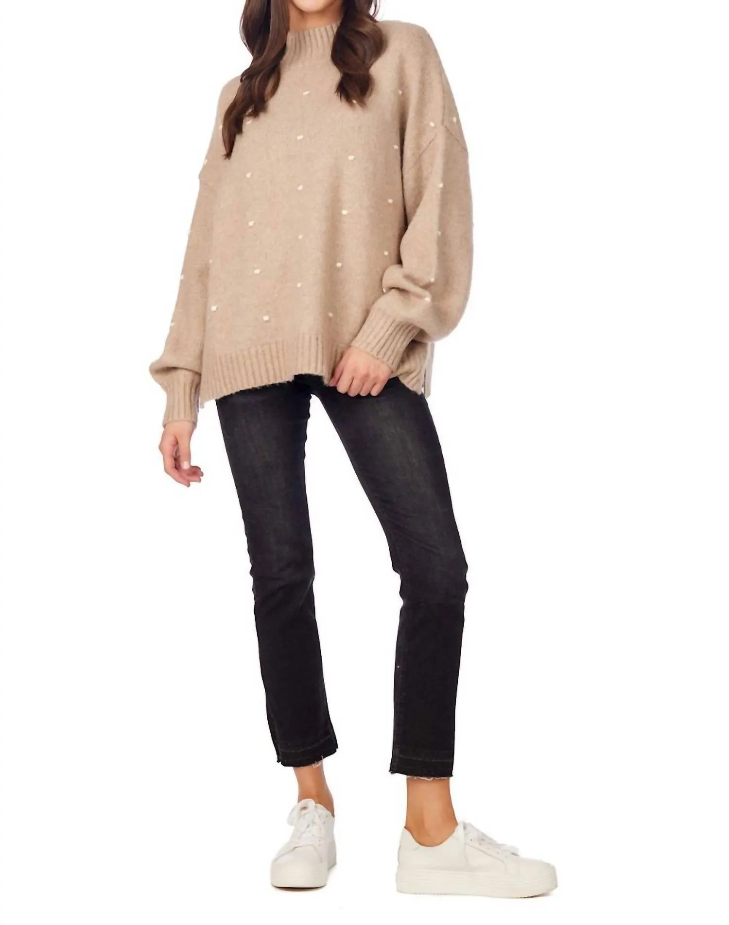 Novie Pom Pom Sweater In Beige