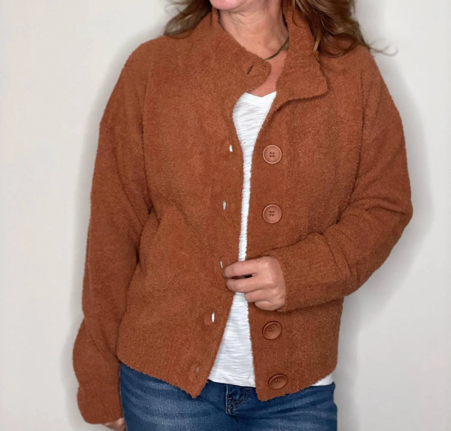 Plush Button Jacket In Terracotta