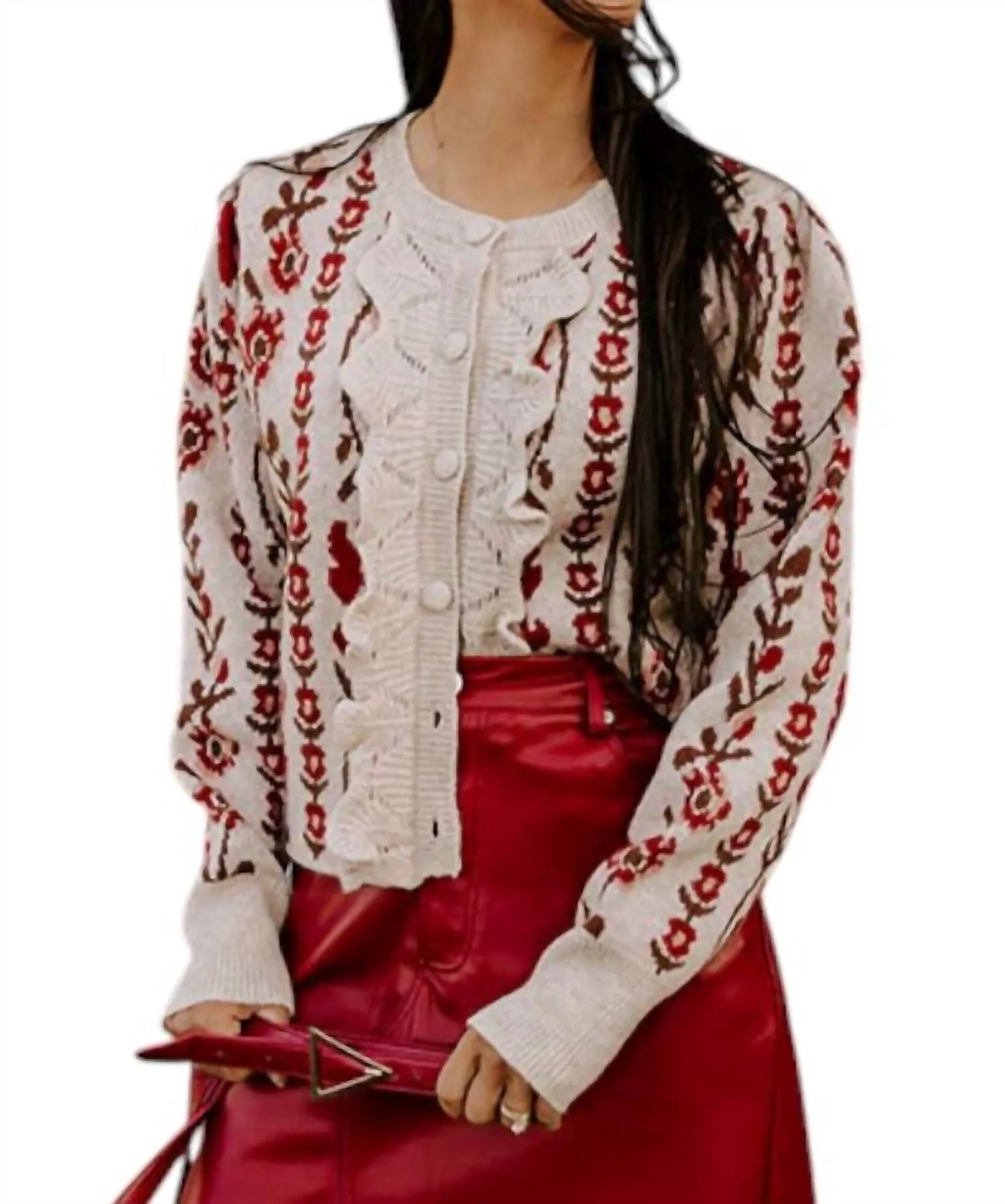 Rosie Ruffles Cardigan In Wine/brown
