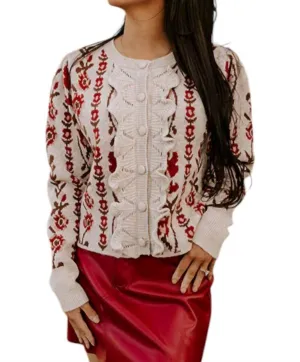 Rosie Ruffles Cardigan In Wine/brown