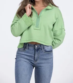 Rough Around The Edges Half Zip Cropped Sweater In Green