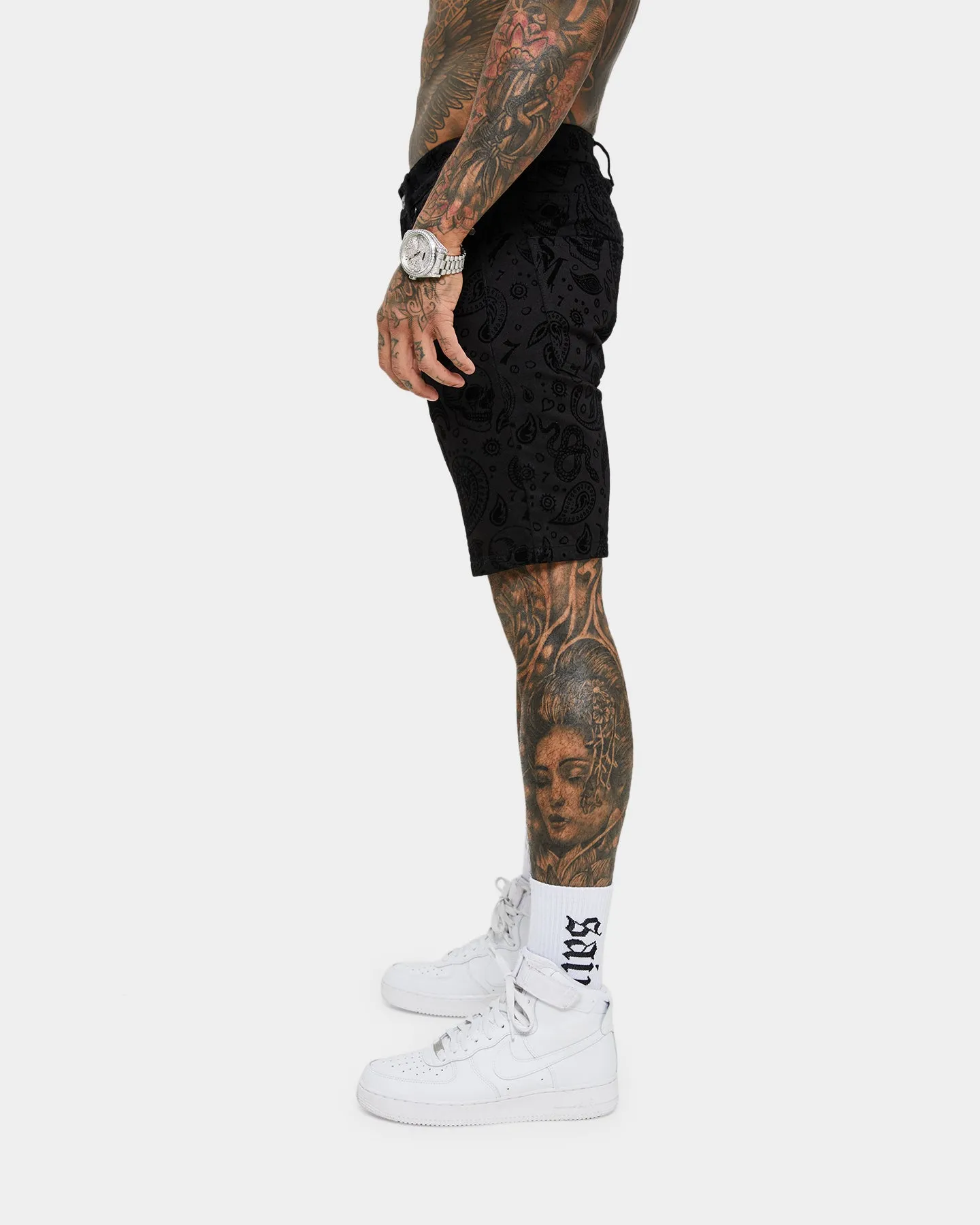 Saint Morta Paisley Skulls Denim Shorts Black/Black