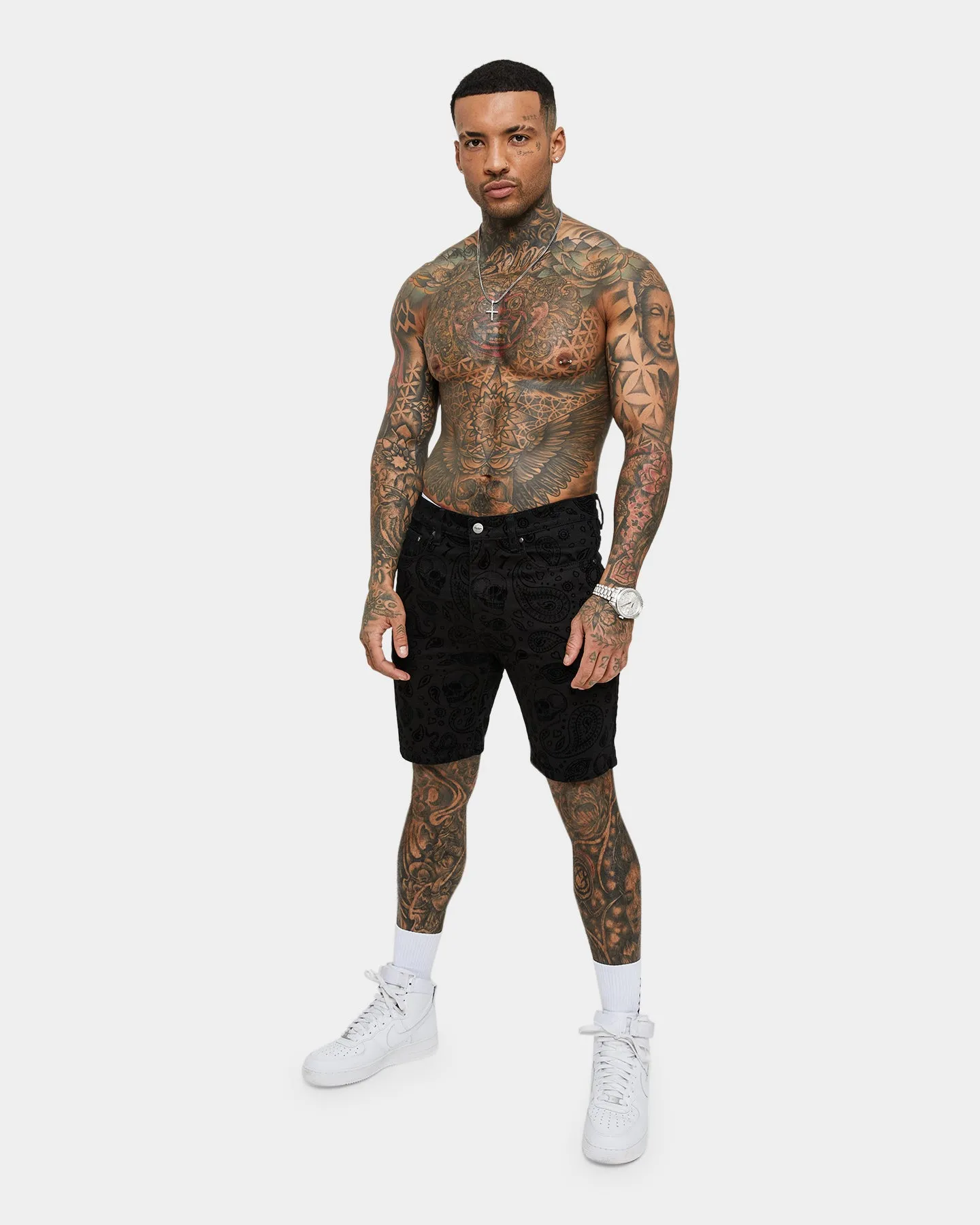 Saint Morta Paisley Skulls Denim Shorts Black/Black