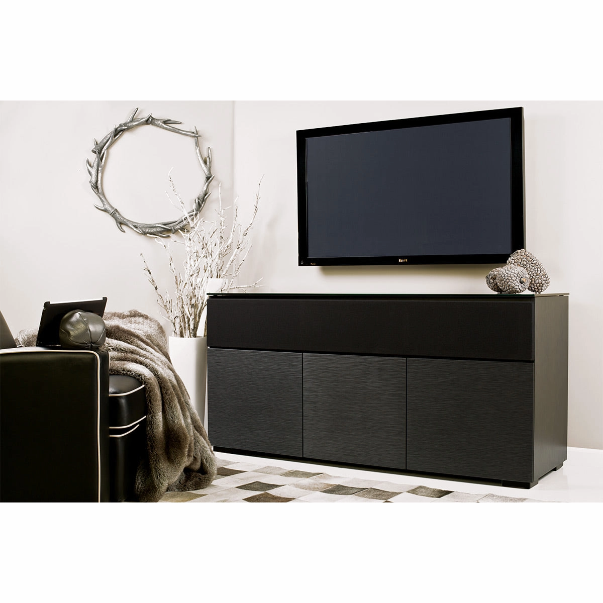 Salamander Designs Chameleon Collection Chicago 339 Triple Speaker Integrated Cabinet (Textured Black Oak with Black Glass Top)