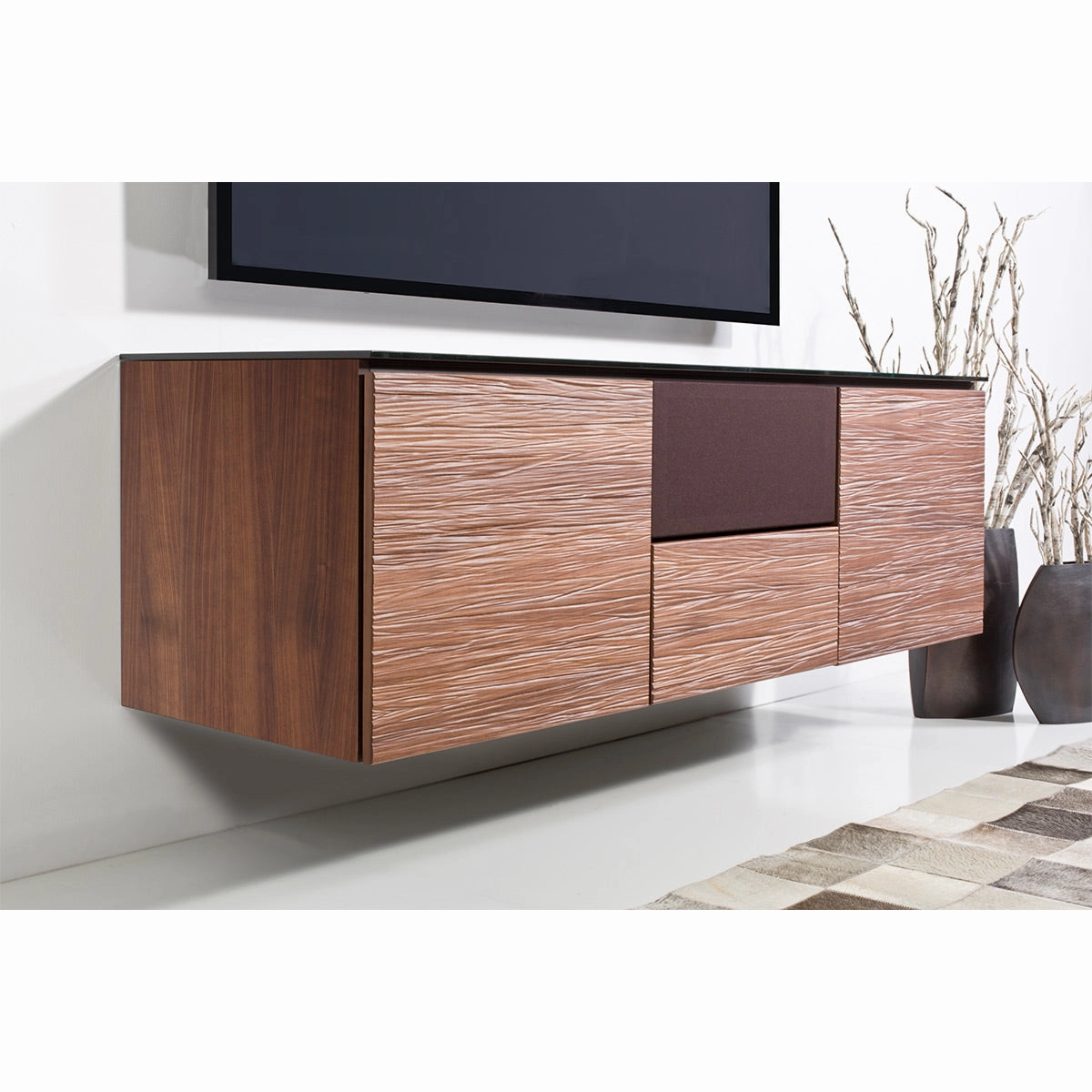 Salamander Designs Chameleon Collection Denver 236 Triple Speaker Integrated Cabinet (Deep Textured Medium Walnut with Black Glass Top)