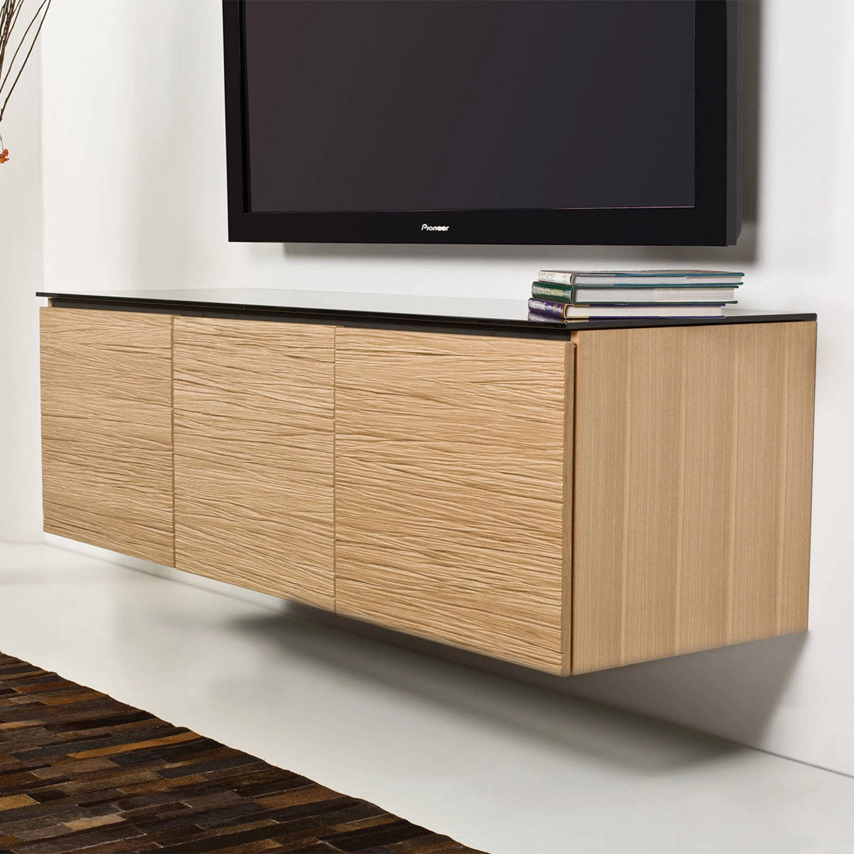 Salamander Designs Chameleon Collection Denver 237 Triple AV Cabinet (Deep Textured Natural Oak with Black Glass Top)