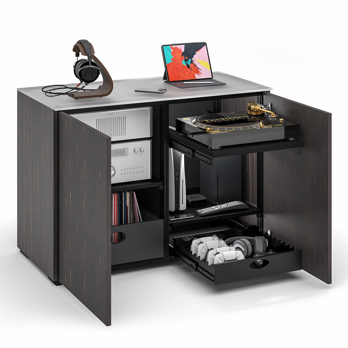 Salamander Designs Chameleon Collection Manhattan 323 Twin AV Cabinet (Maro Ebony Doors and Sides, Matte Taupe Glass Top)