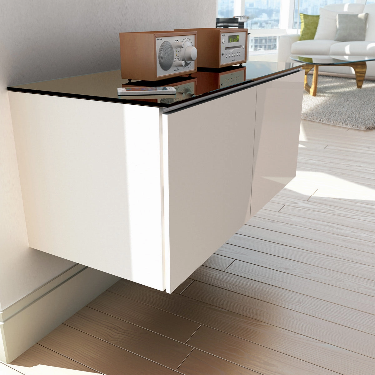 Salamander Designs Chameleon Collection Miami 221 Twin AV Cabinet (High Gloss White with Black Glass Top)