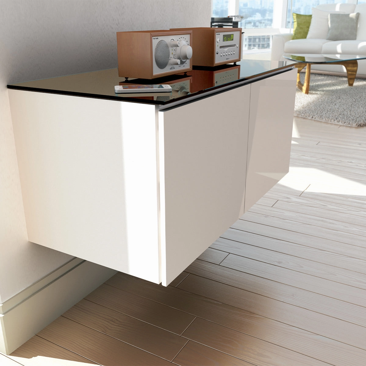 Salamander Designs Chameleon Collection Miami 221 Twin AV Cabinet (High Gloss White with Black Glass Top)
