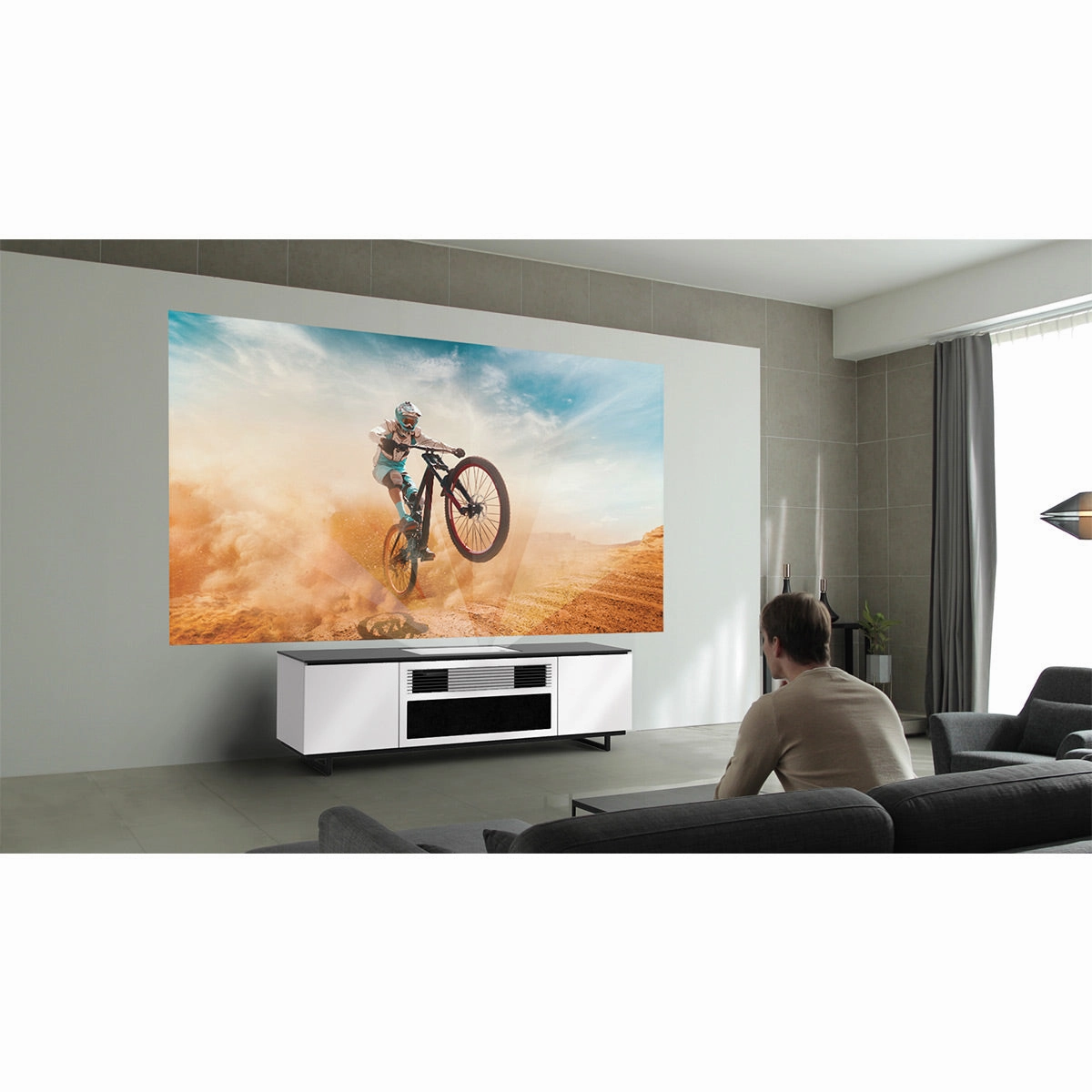 Salamander Designs Chameleon Collection Miami 245S Dual Speaker Grill Projector Integrated Cabinet for LG HU85LA Projector (Gloss Warm White)