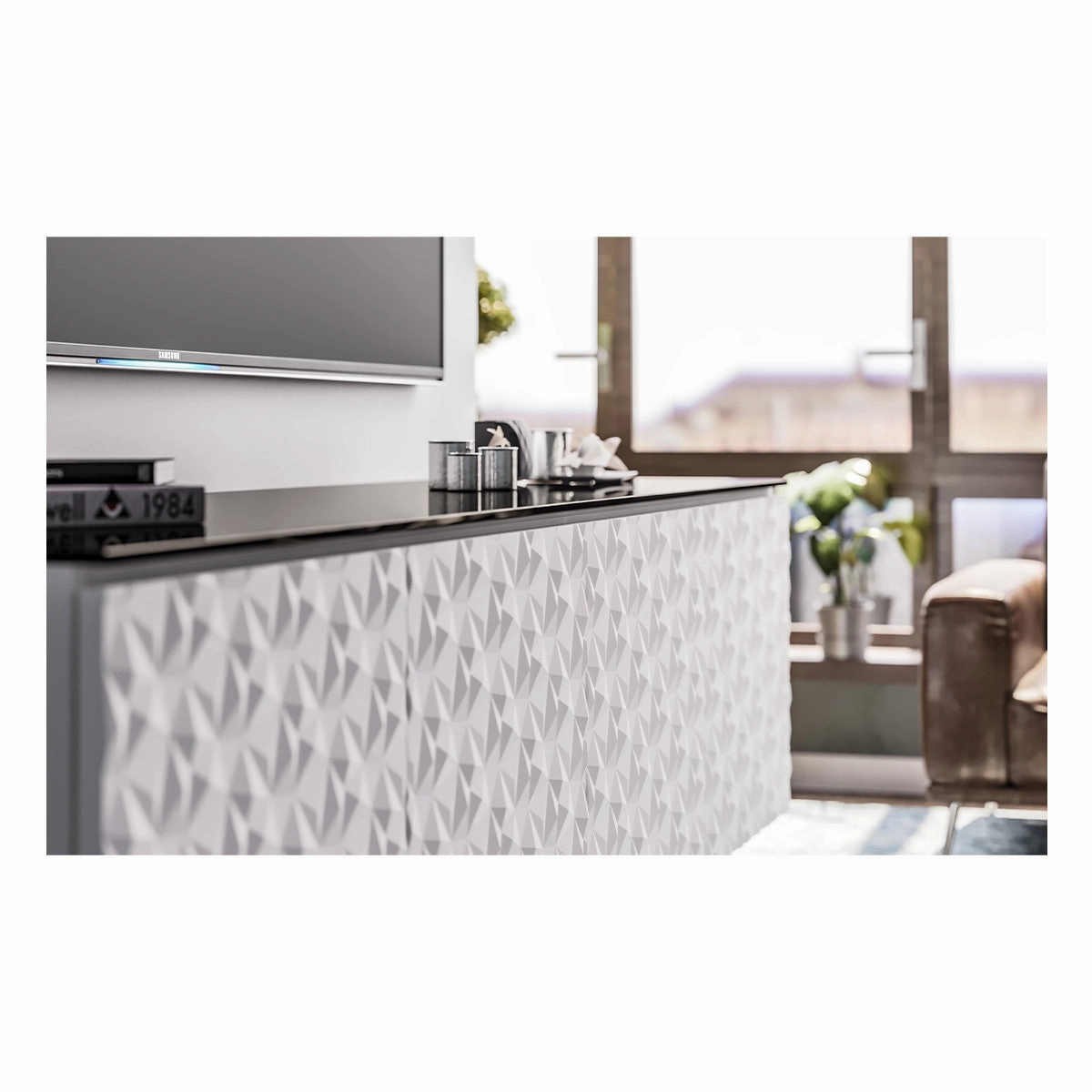 Salamander Designs Chameleon Collection Milan 247 Quad AV Cabinet (Geometric White with Black Glass Top)