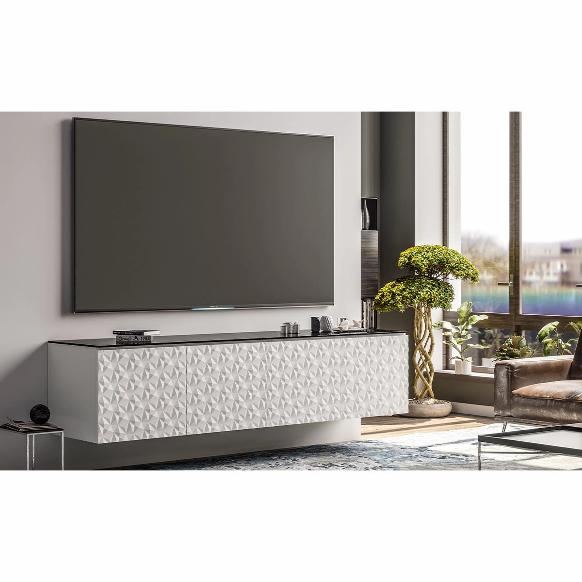 Salamander Designs Chameleon Collection Milan 247 Quad AV Cabinet (Geometric White with Black Glass Top)