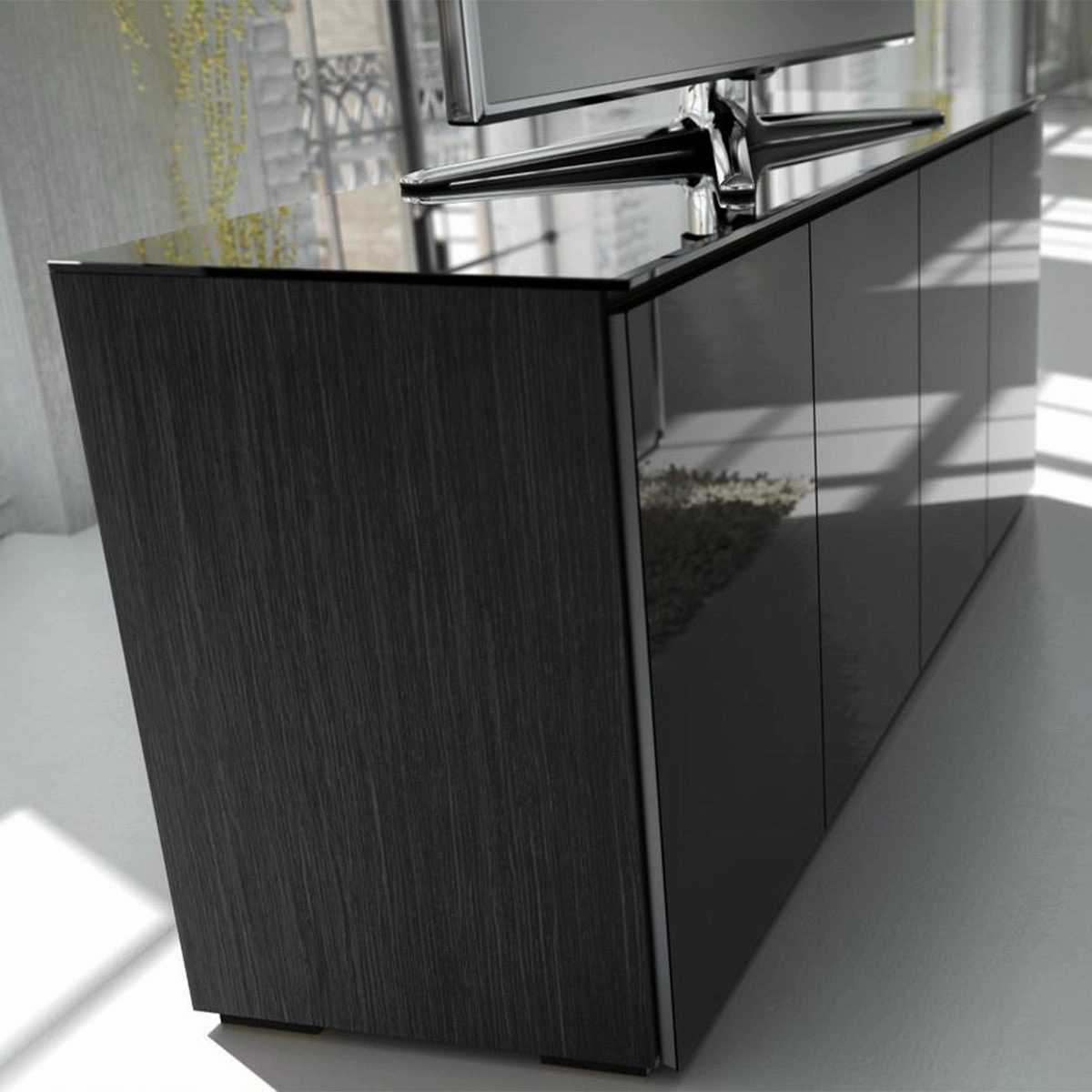 Salamander Designs Chameleon Collection Oslo 347 Quad AV Cabinet (Black Oak with Smoked Glass Doors & Black Glass Top)