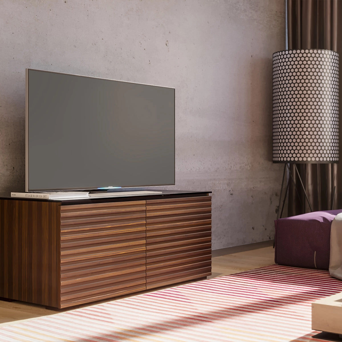 Salamander Designs Chameleon Collection Zurich 221 Twin AV Cabinet (Horizontal Wood Pattern with Black Glass Top)