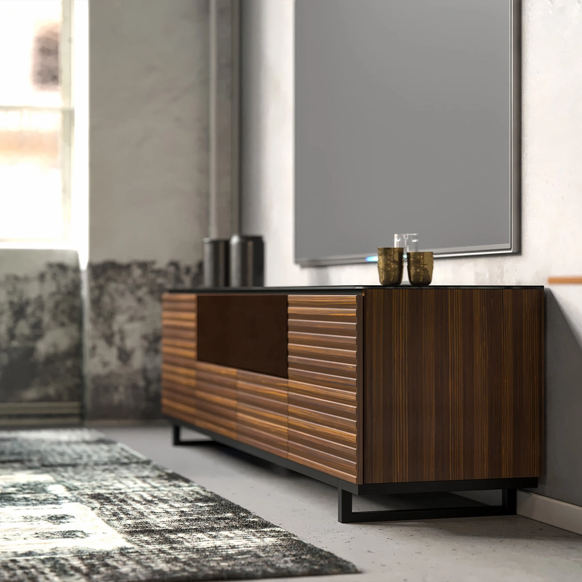 Salamander Designs Chameleon Collection Zurich 245 Quad Speaker Integrated Cabinet (Horizontal Wood Pattern with Black Glass Top)