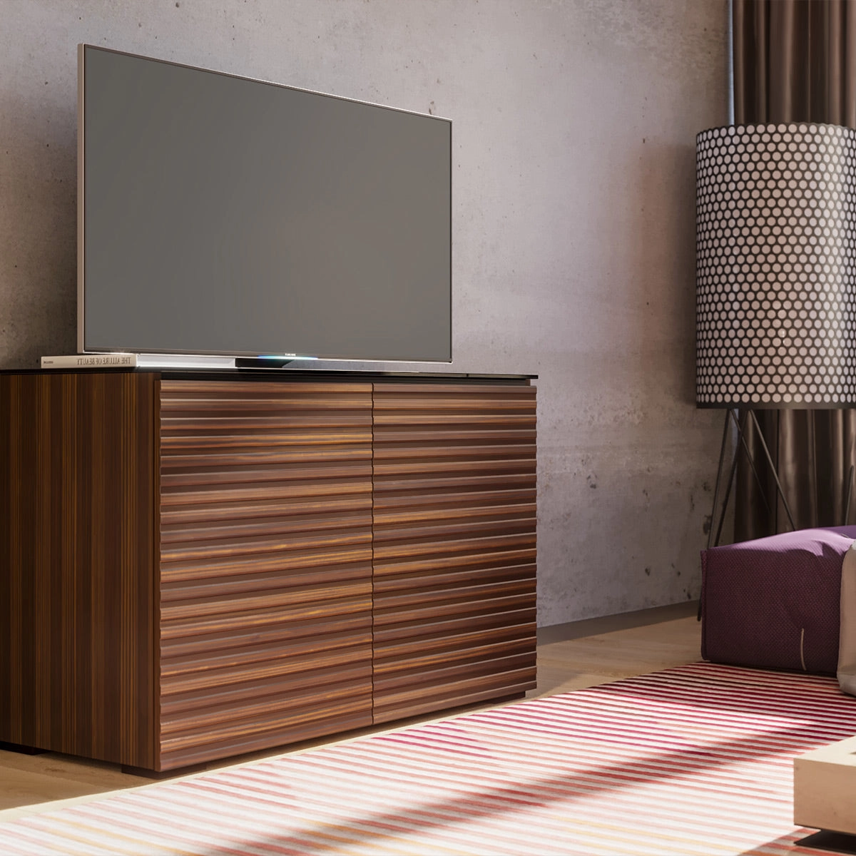 Salamander Designs Chameleon Collection Zurich 323 Twin AV Cabinet (Horizontal Wood Pattern with Black Glass Top)
