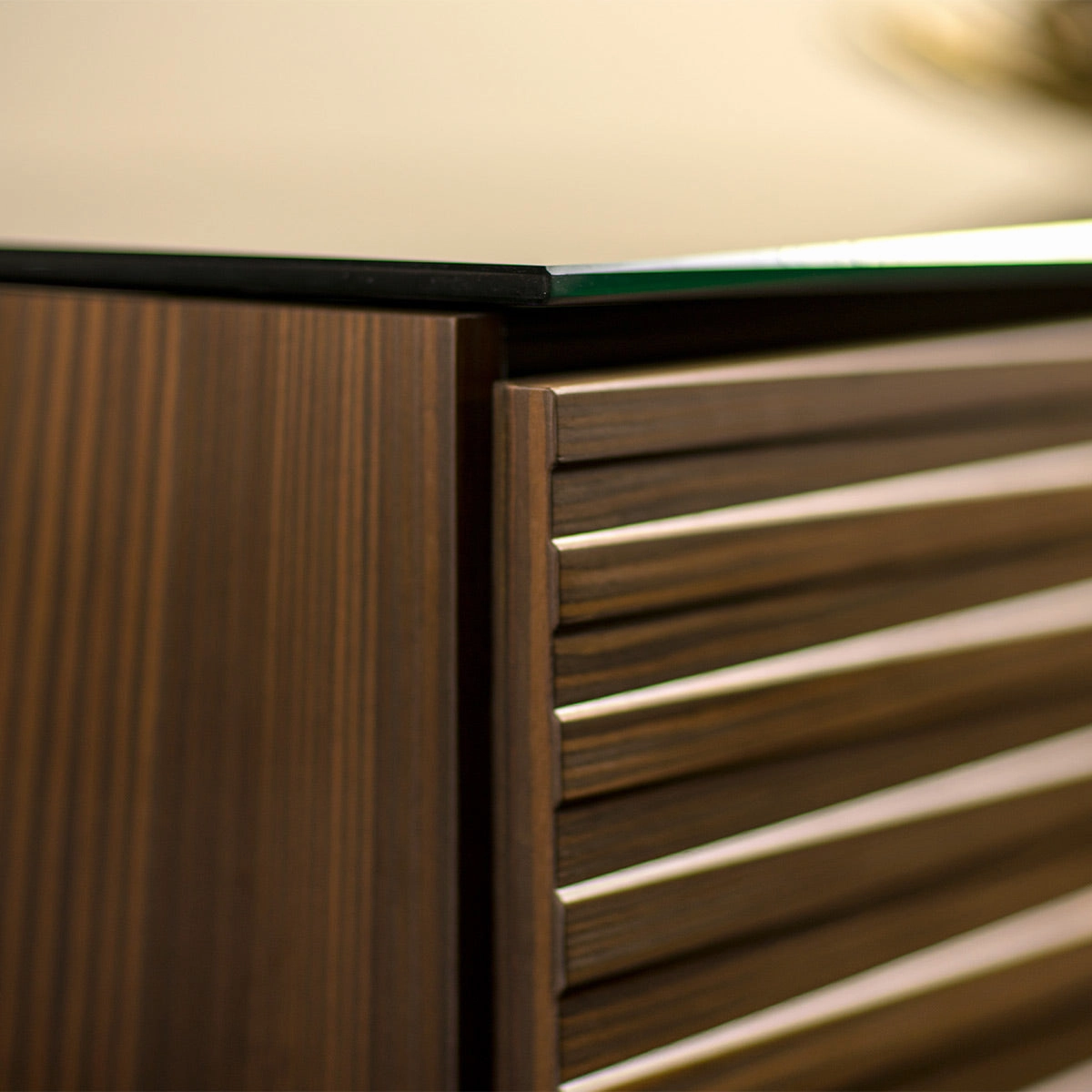 Salamander Designs Chameleon Collection Zurich 329 Twin Speaker Integrated Corner Cabinet (Horizontal Wood Pattern with Black Glass Top)