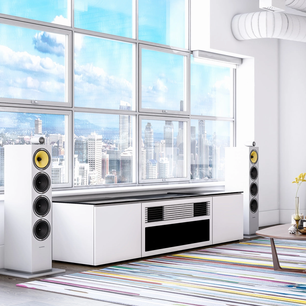Salamander Designs Chameleon Credenza Miami UST Media Cabinet - Gloss-White Doors and Sides, Black Solid Surface Top