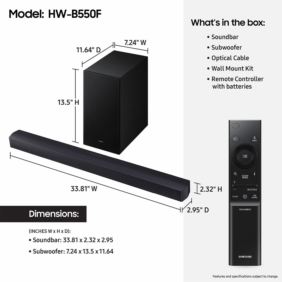 Samsung HW-B550F 2.1 Channel Soundbar and Wireless Subwoofer