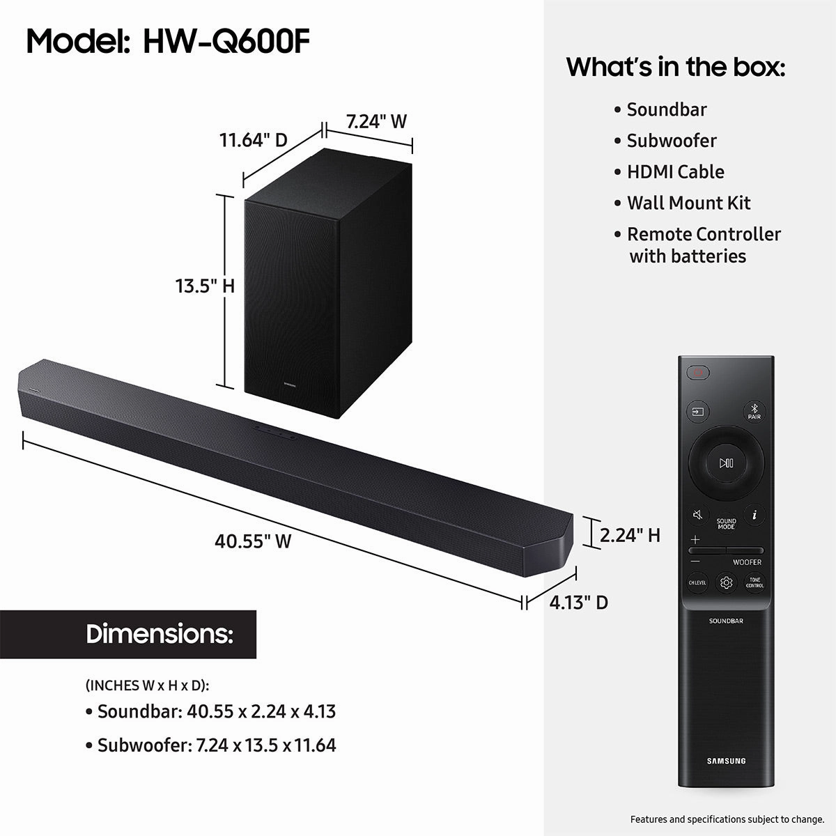 Samsung HW-Q600F 3.1.2 Channel Soundbar and Wireless Subwoofer