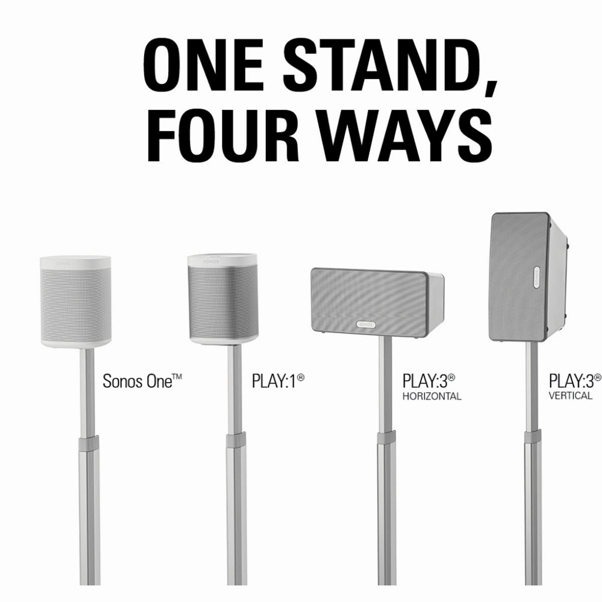 Sanus WSSA2 Height-Adjustable Wireless Speaker Stands for Sonos ONE, PLAY:1, and PLAY:3 - Pair (White)