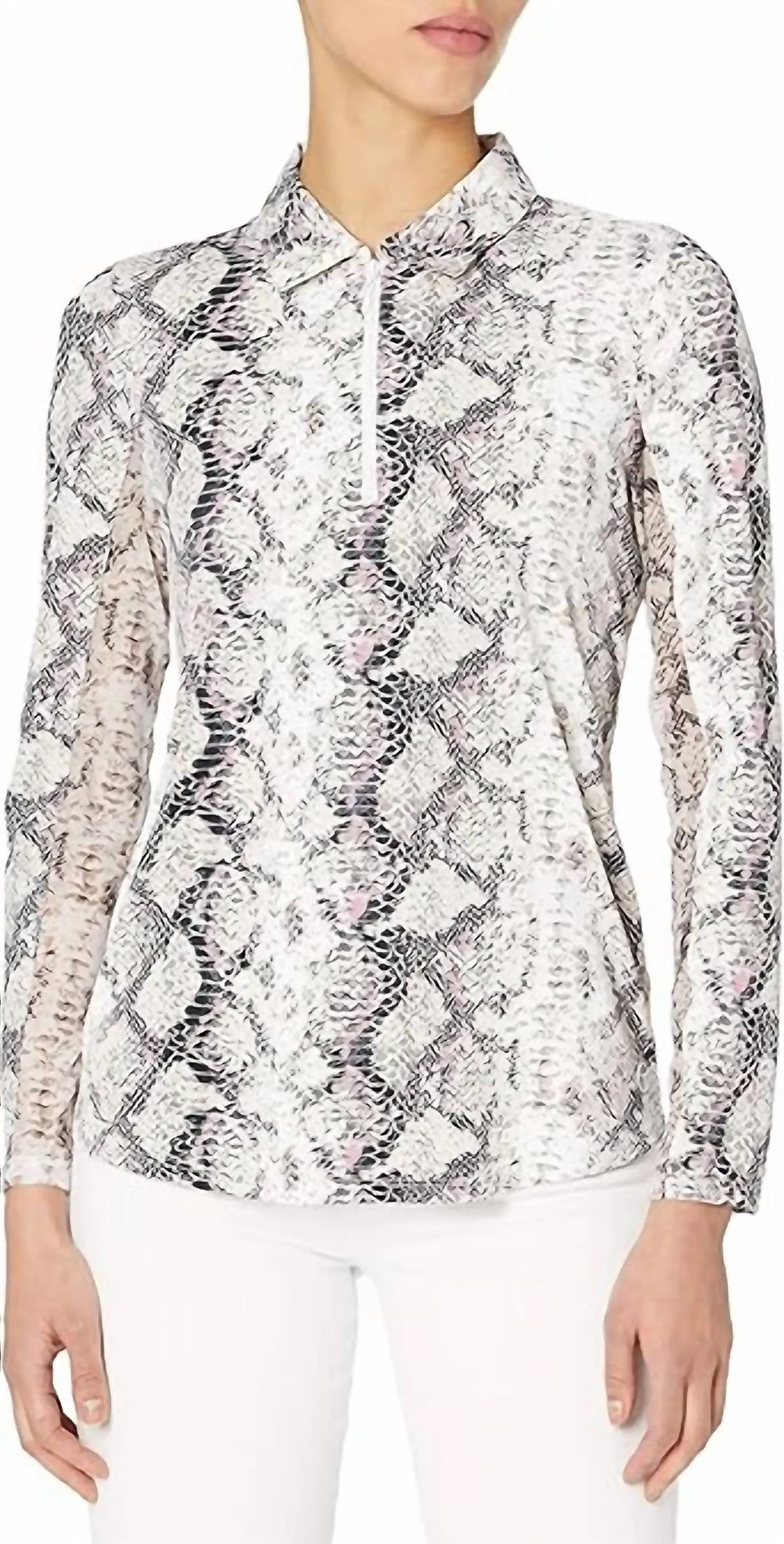 Snake Patterned Mesh Turtle Neck Sleeve In Cream/silver