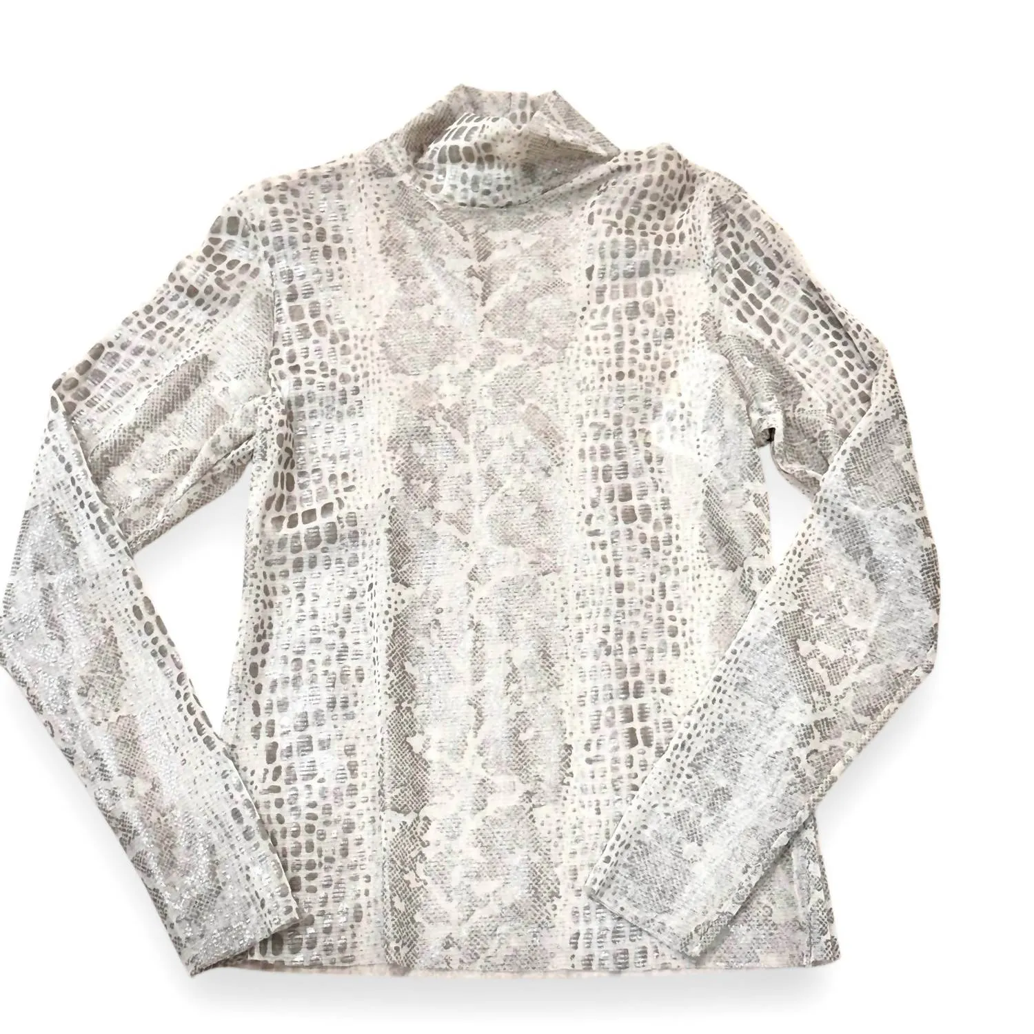 Snake Patterned Mesh Turtle Neck Sleeve In Cream/silver