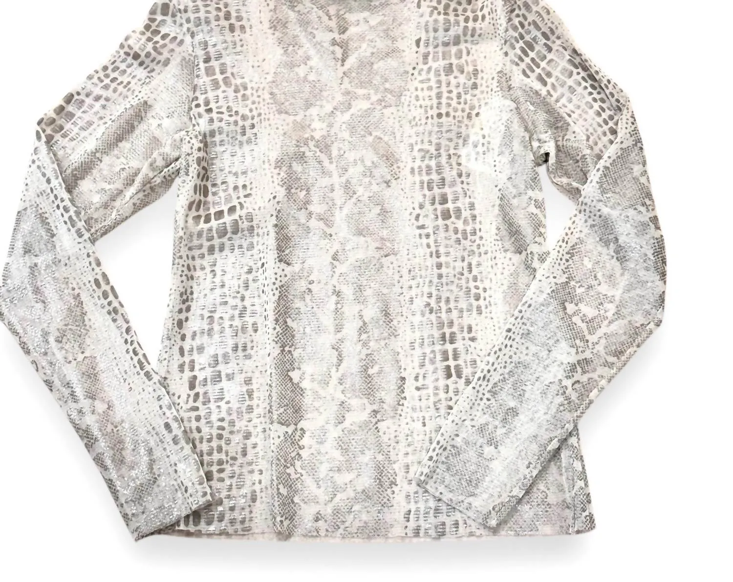 Snake Patterned Mesh Turtle Neck Sleeve In Cream/silver