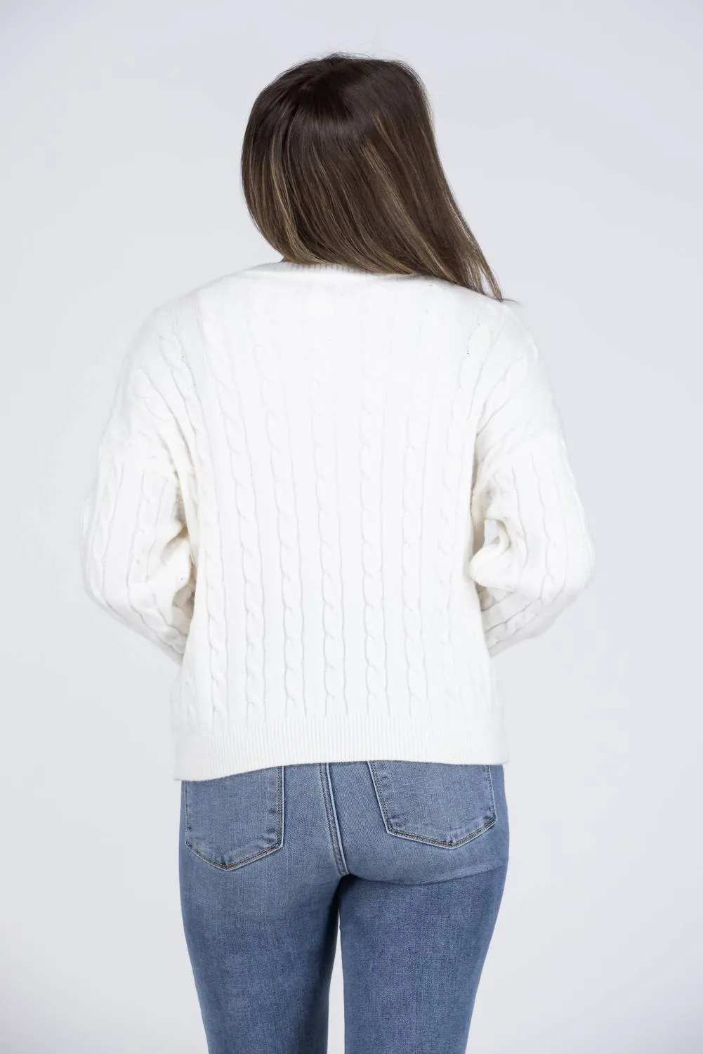 Snowy Nights Women's Classic Cable Knit Sweater In White