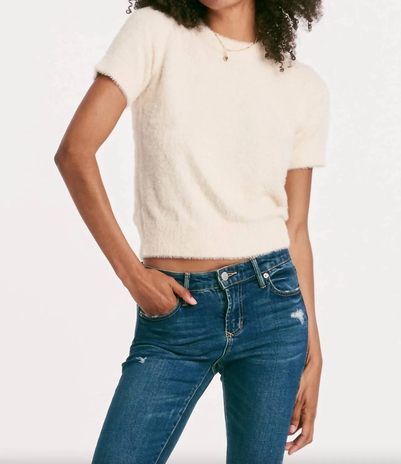 Solei Fuzzy Short Sleeve Sweater In Birch
