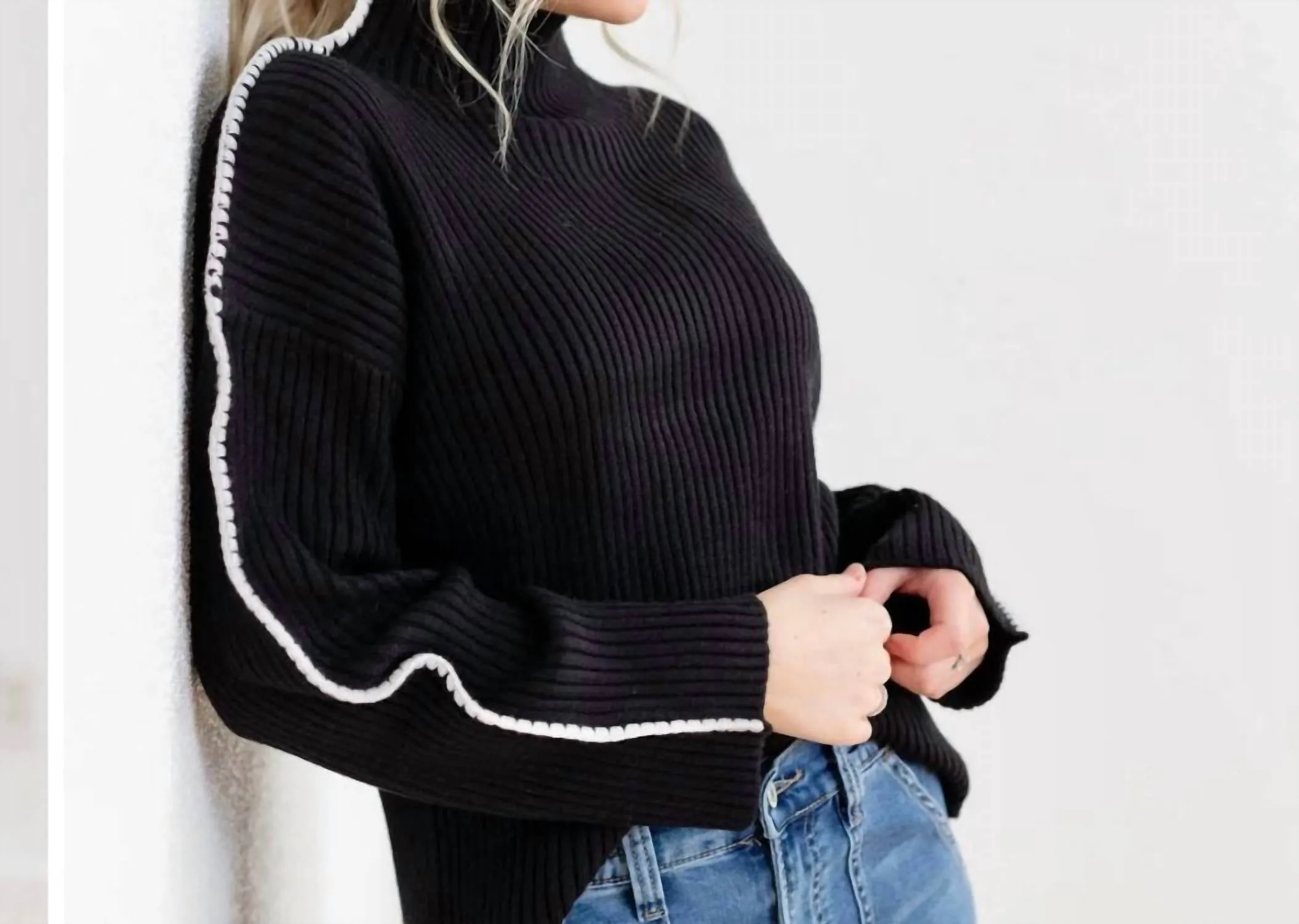 Stitch Mock Neck Sweater In Black