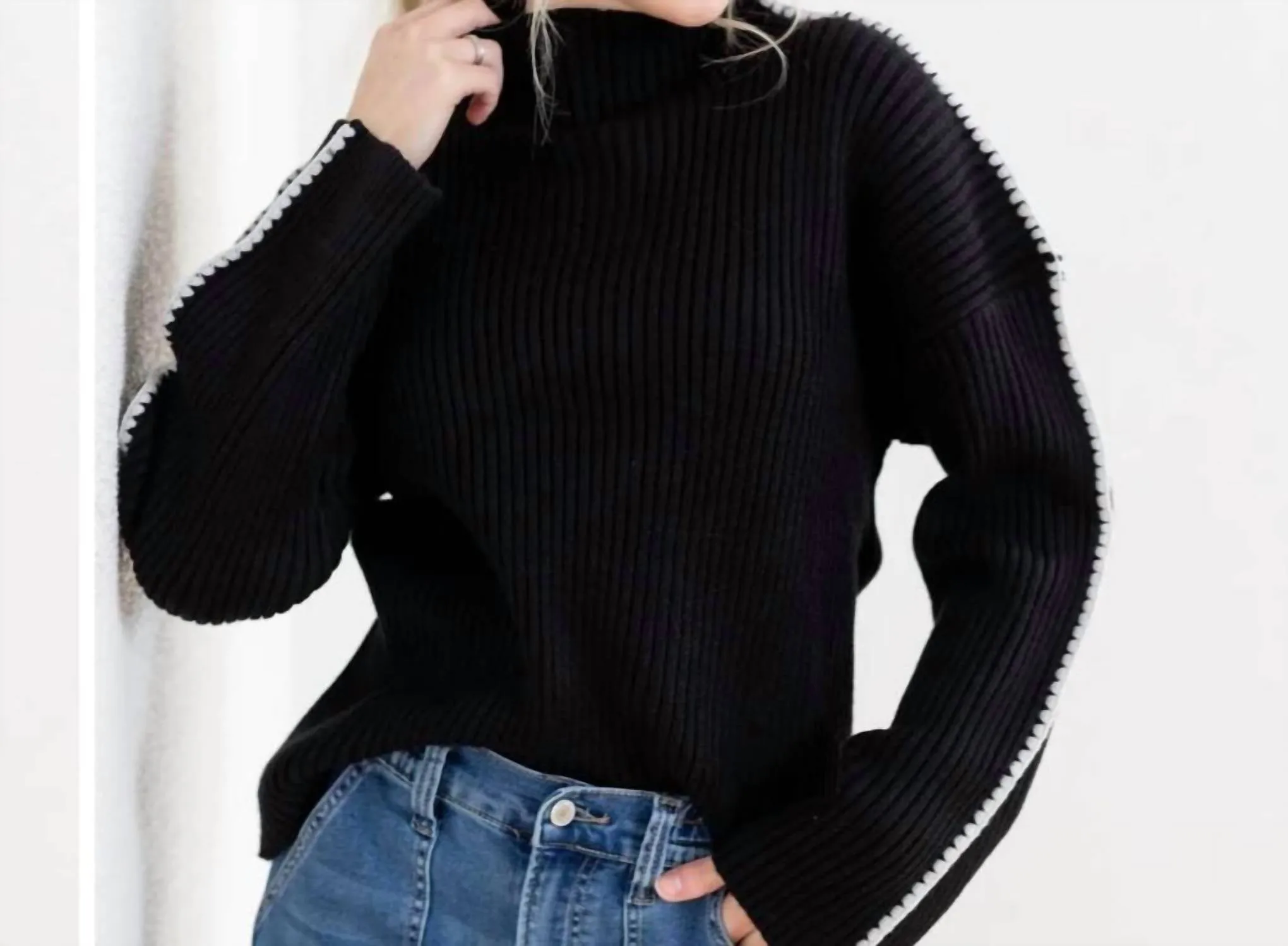 Stitch Mock Neck Sweater In Black