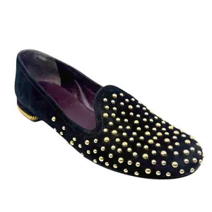 Studon Smoking Slippers Designer By Stuart Weitzman In Black & Gold, Size: 7