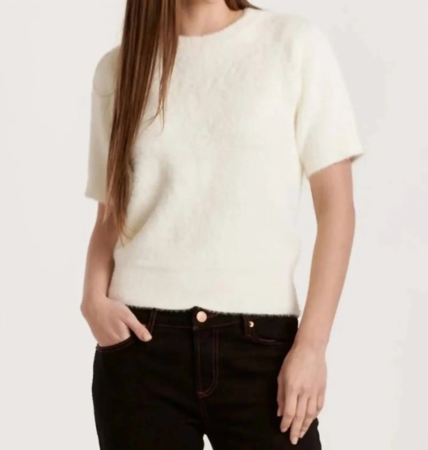 Suzie Fuzzy Short Sleeve Sweater Top In Vintage Cream