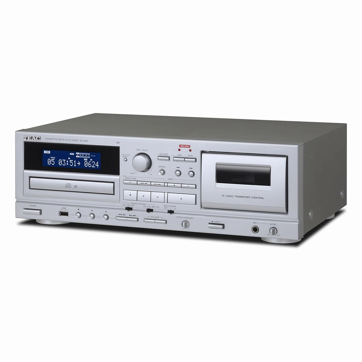 TEAC W-1200 Dual Cassette Player Recorder with Pitch Control Mic Input & USB Out (Silver)