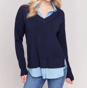 V-Neck Fooler Shirt Collar Sweater In Navy