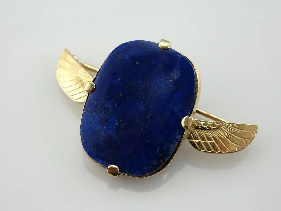 Vintage Egyptian Revival Lapis Brooch with Wing Details