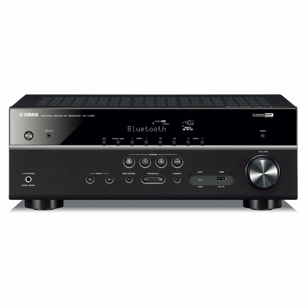 Yamaha RX-V385BL 5.1 Channel AV Receiver with YPAO Automatic Room Calibration hi-fi volume knob,hi-fi remote control system,hi-fi smart amplifier