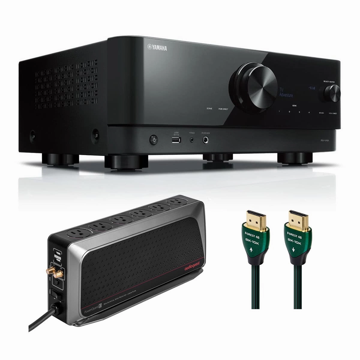 Yamaha RX-V4 5.2-Channel AV Receiver with 6-Outlet Surge Protector and 8K-10K 48Gbps HDMI Cable - 4.92 ft. (1.5m) hi-fi volume knob,hi-fi remote control system,hi-fi smart amplifier