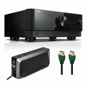 Yamaha RX-V6 7.2-Channel AV Receiver with 6-Outlet Surge Protector and 8K-10K 48Gbps HDMI Cable - 4.92 ft. (1.5m) hi-fi volume knob,hi-fi remote control system,hi-fi smart amplifier